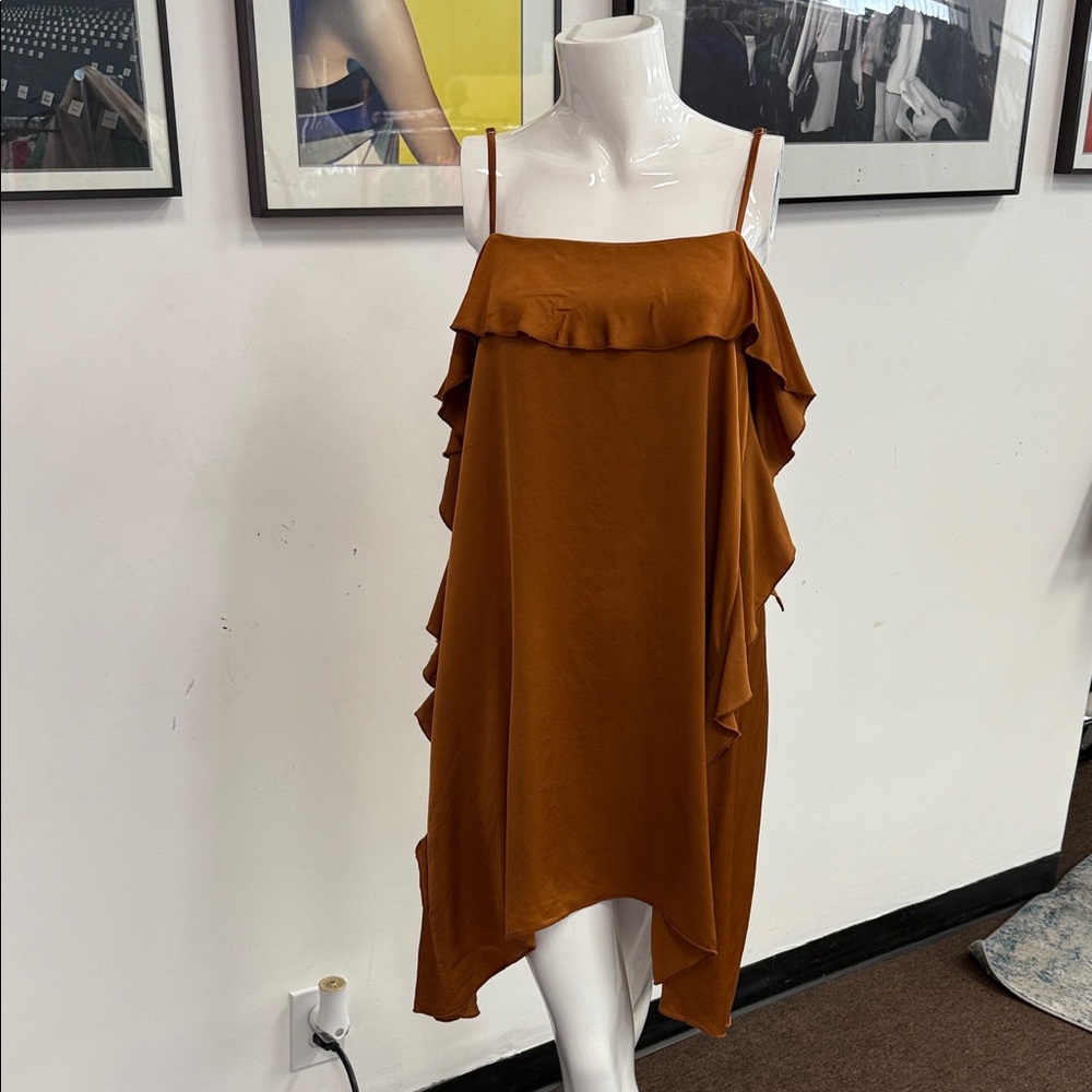Elegant Asymmetrical Ruffle Dress in Warm Brown NWT